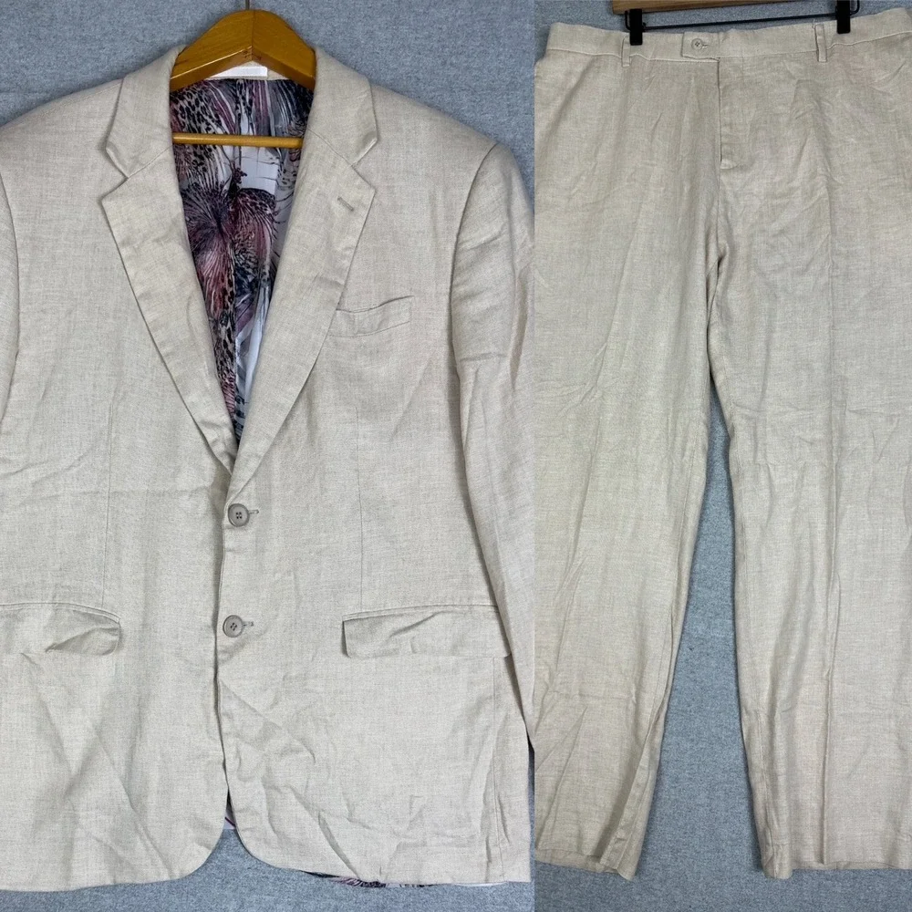 Linen Suit Blazer Pants 3XL 46x29 Cream Beige Straight Leg Summer Casual